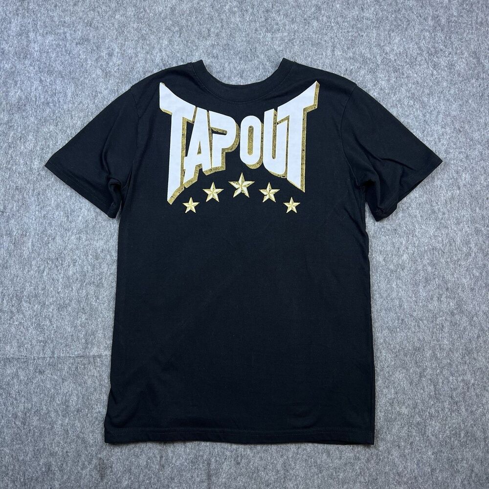 Tapout Boys T-Shirt Black Short Sleeve Gold White Spellout Youth Size L (14-16)
